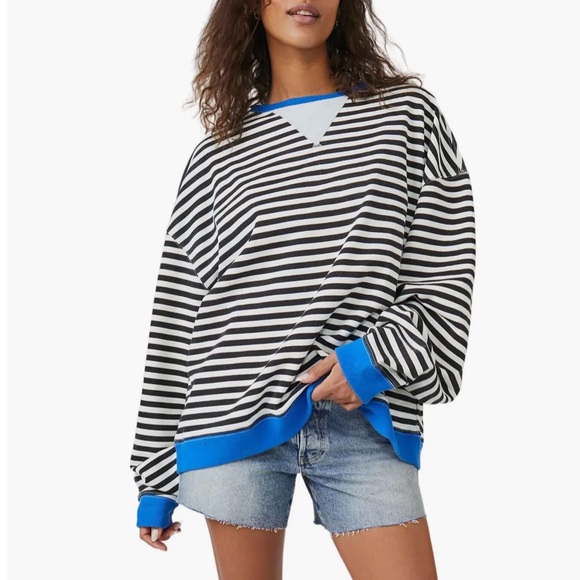 FREE PEOPLE WE THE FREE OVERSIZED STRIPE SWEATSHIRT BLUE CONTRAST CREWNECK - Picture 4 of 11
